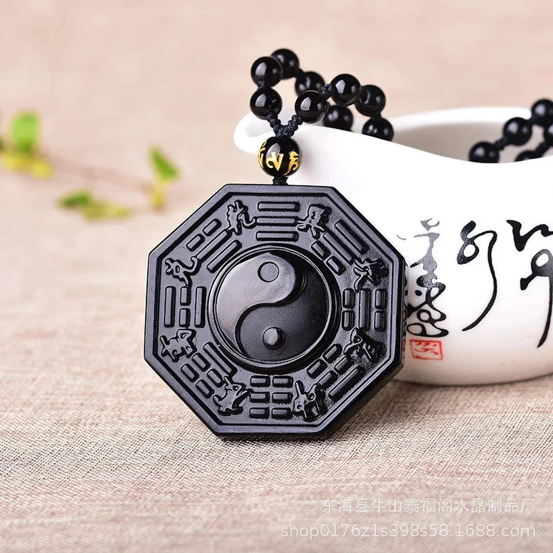 Chinese Obsidian Yin Yang Necklace Amulet Feng Shui Pendant Bead Chain 07FC0E-D4 - KOEEK