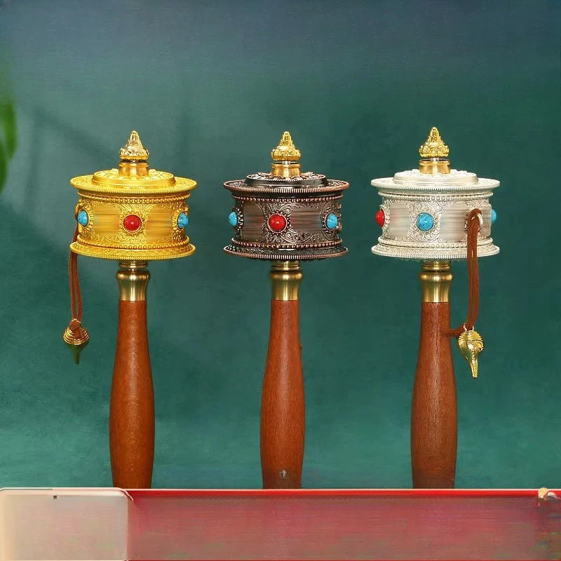 19.3cm Alloy Hand-cranked Six-character Mantra Buddhism Scripture Prayer Wheel 07FC0E-D4 - KOEEK