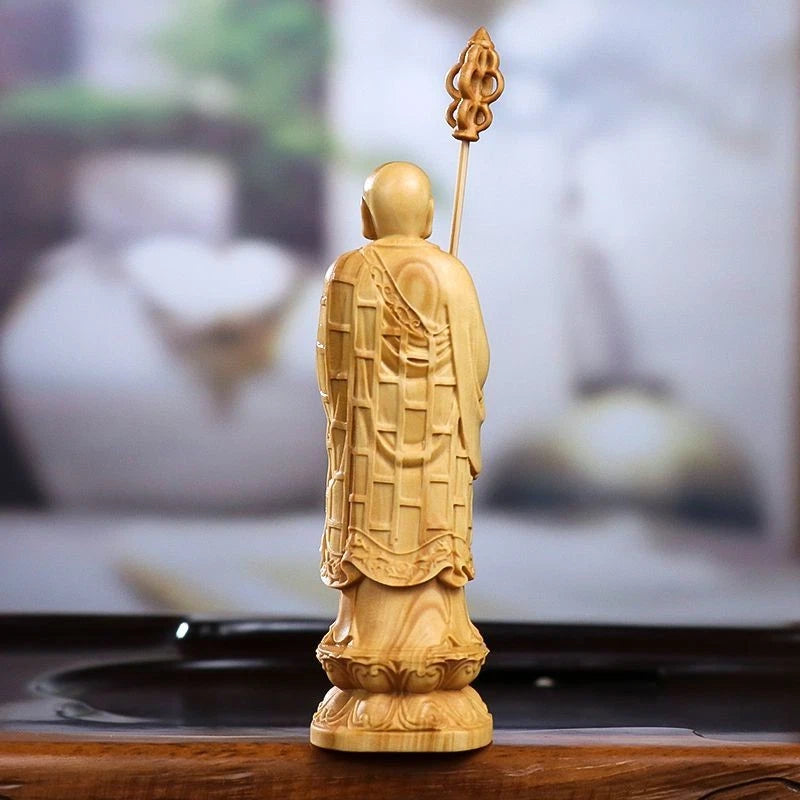10cm Boxwood Ksitigarbha Bodhisattva Statue Wooden Home Altar Decor Figurine 07FC0E-D4 - KOEEK
