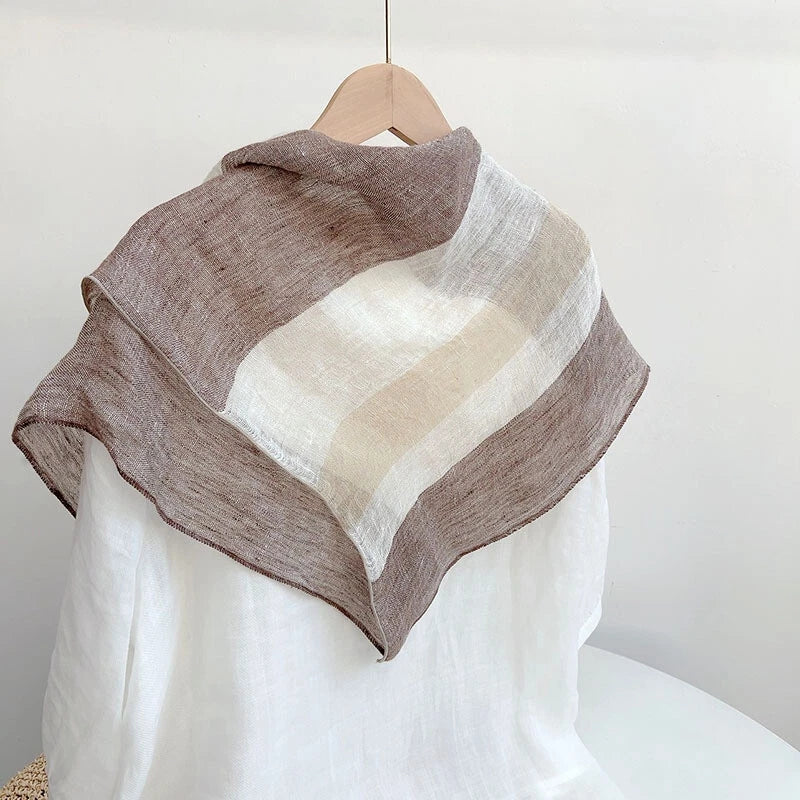 Womens  Flax Linen Brown Striped Bandana Neck Wrap Neckerchief Shawl Scarf 07FC0E-D4 - KOEEK