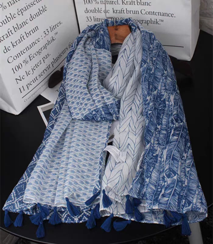 White Blue Geometric Floral Yarn Scarf Tassel Shawl Spring Pashmina Cape 07FC0E-D4 - KOEEK