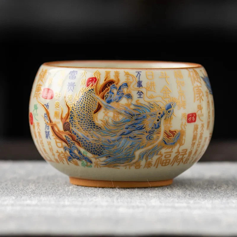 150ml Ceramic Ru Kiln Handpainted Dragon Phoenix Zen Tea-tasting Cup Master Cup 07FC0E-D4 - KOEEK