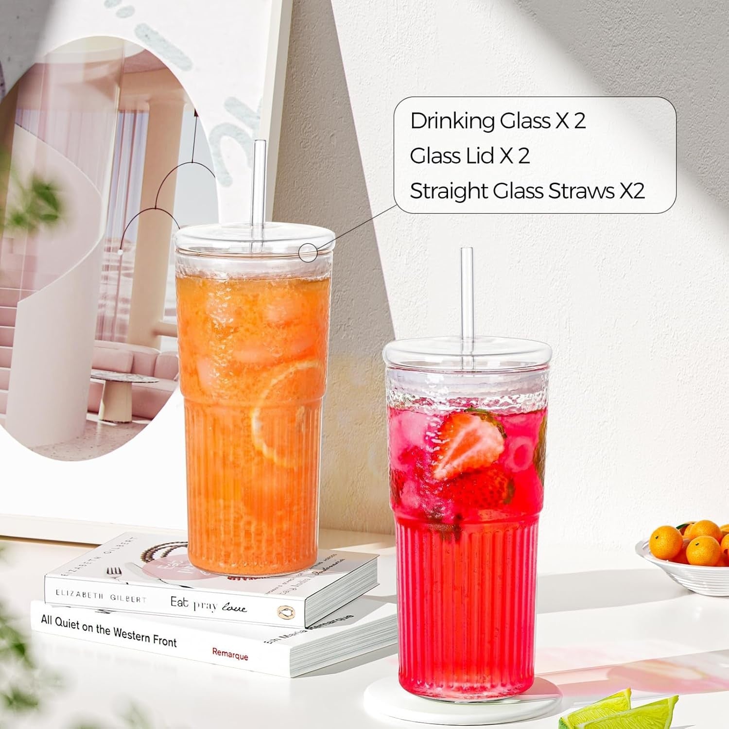 new 2PCS Glass Cups with Lids and Straws, 20OZ Iced Coffee 2pcs, Clear 07FC0E-D4 - KOEEK