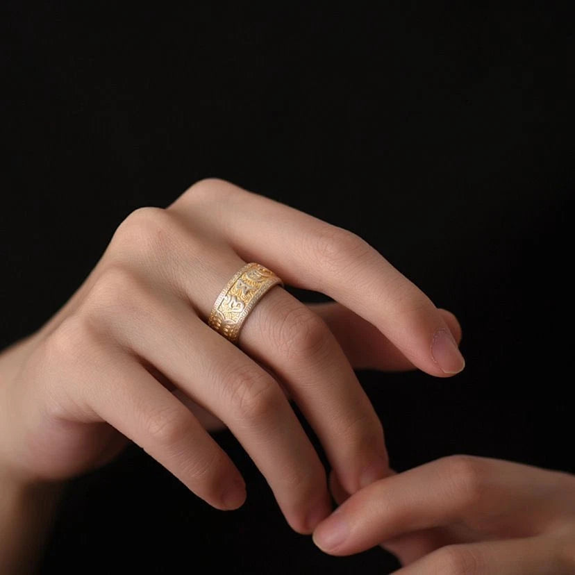 Silver Plated Chinese Style Six Word Mantra Open Ring Adjustable Mens 07FC0E-D4 - KOEEK