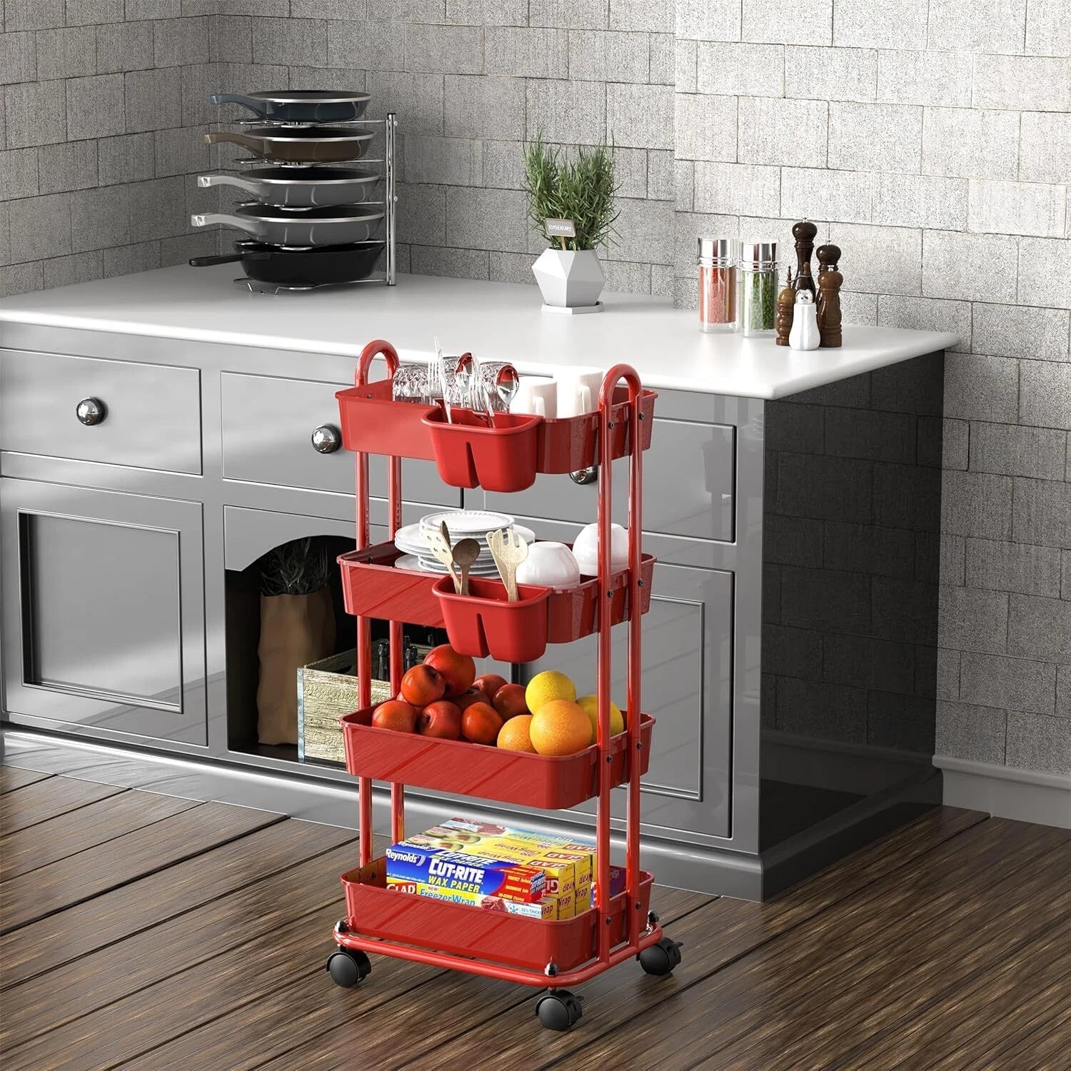 4-Tier Multi-Purpose Rolling Utility Cart with Bucket, Red 07FC0E-D4 - KOEEK