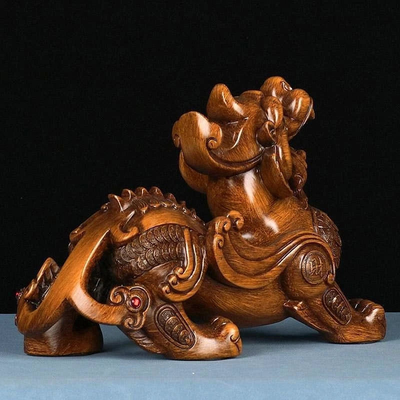 Boxwood Wood Carved Pixiu Figurine 8cm Desk Decor Home Ornament Gift 07FC0E-D4 - KOEEK