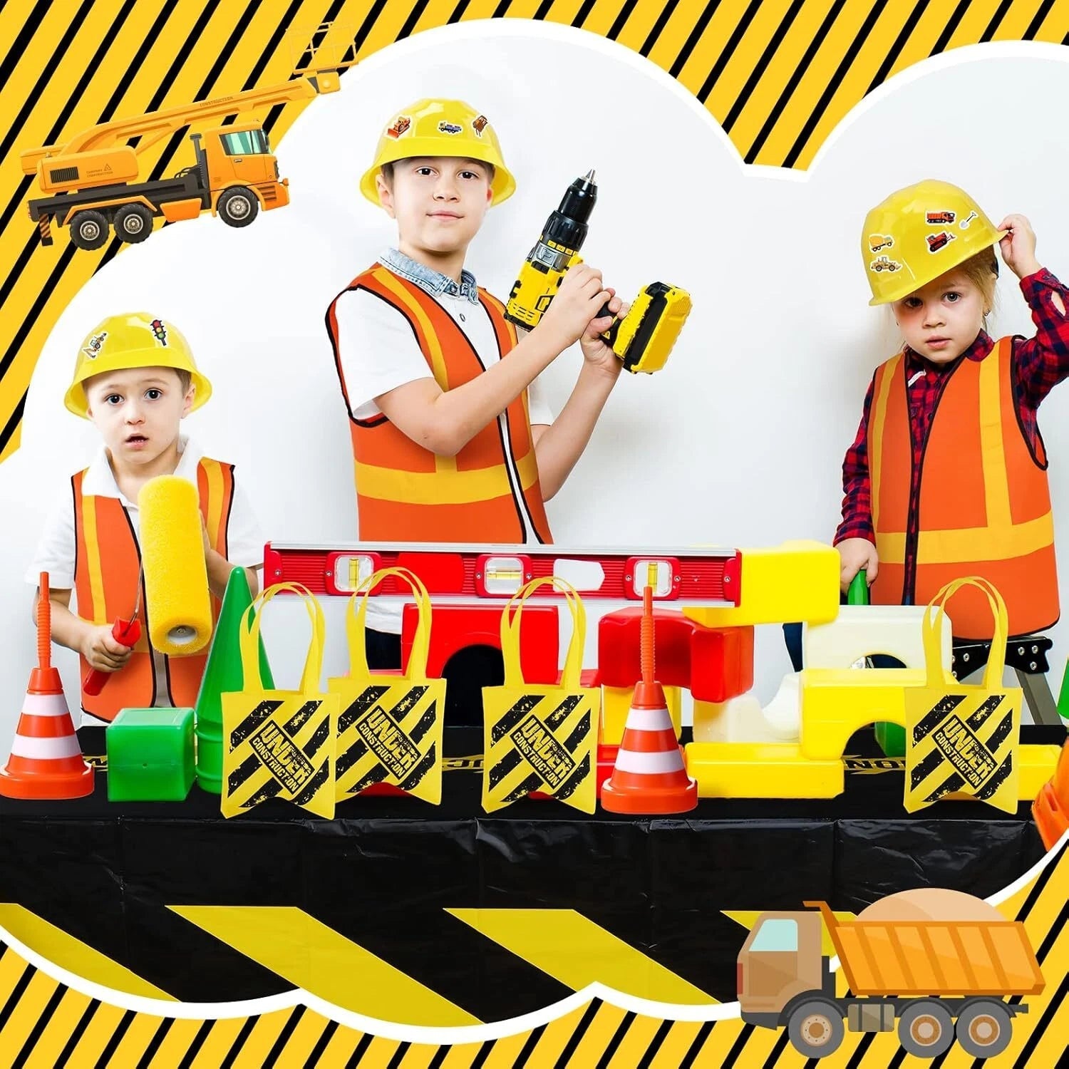62 Piece Construction Birthday Party Supplies Set Kids Construction Dress Up Set 07FC0E-D4 - KOEEK