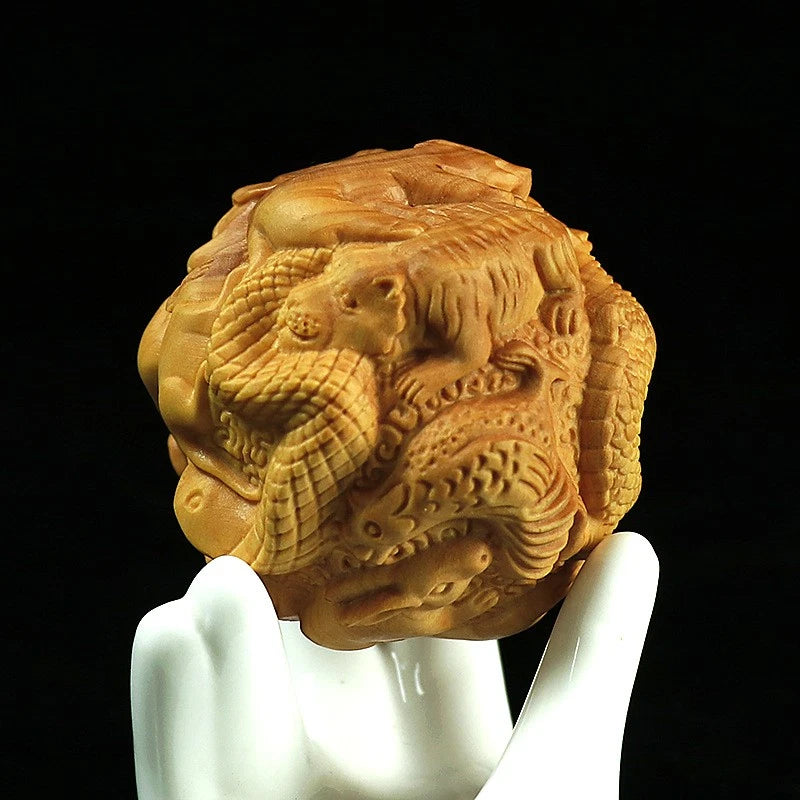 Boxwood Zodiac Carved Ball Handheld Ornament Wooden Craft Gift Decor 1 Pair 07FC0E-D4 - KOEEK