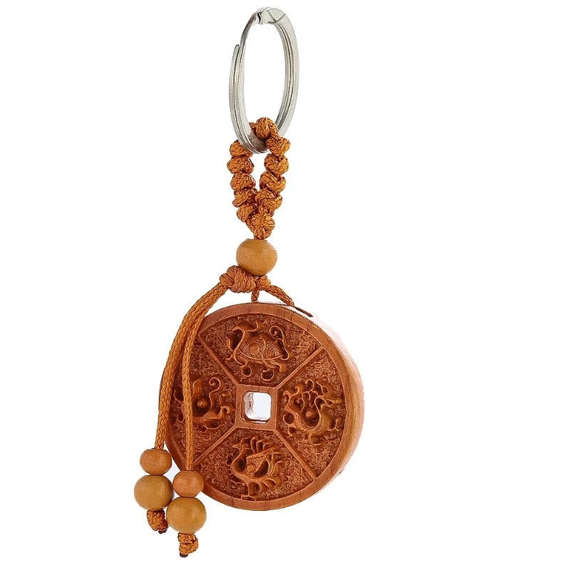 Retro Peach Wood Handcarved Feng Shui Four Divine Beasts Keychain Amulet Pendant 07FC0E-D4 - KOEEK
