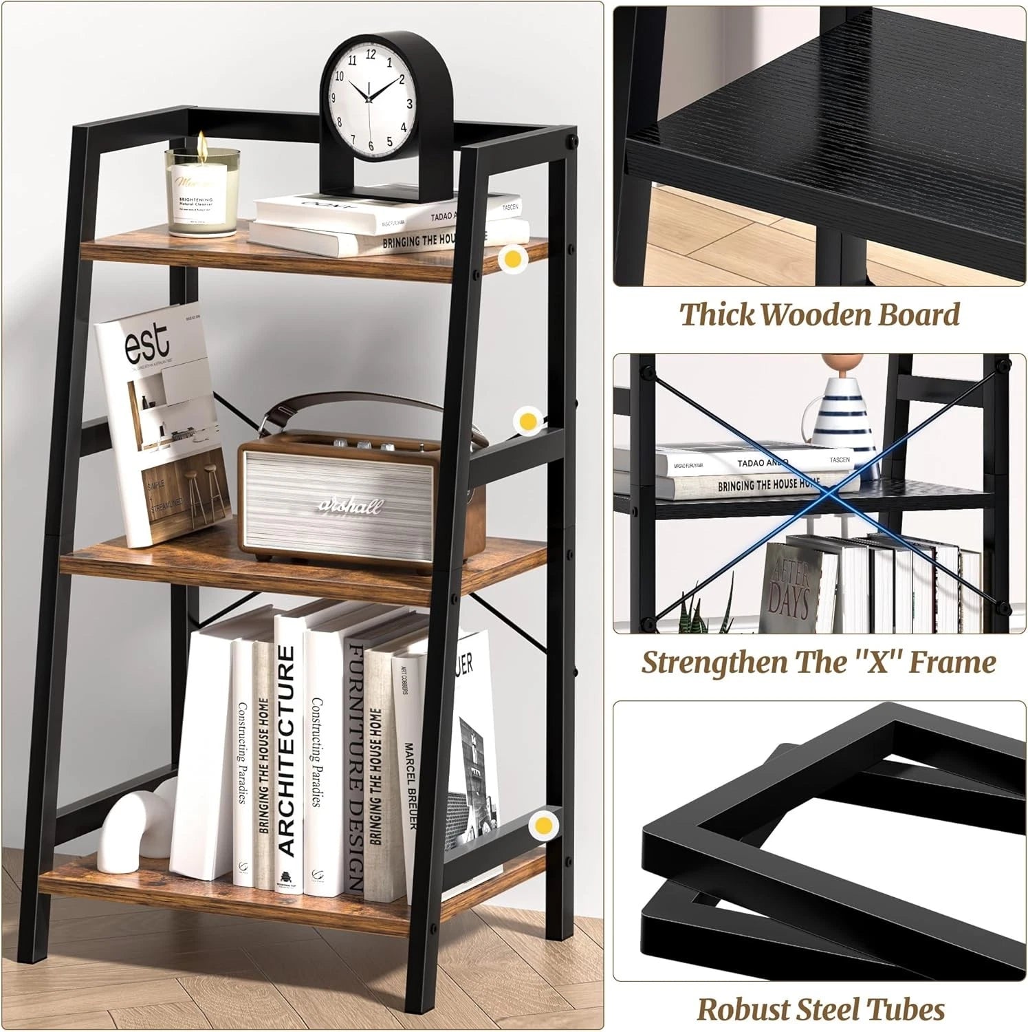 Three-tier bookshelf trapezoidal bookshelf,industrial-style steel frame bookcase 07FC0E-D4 - KOEEK