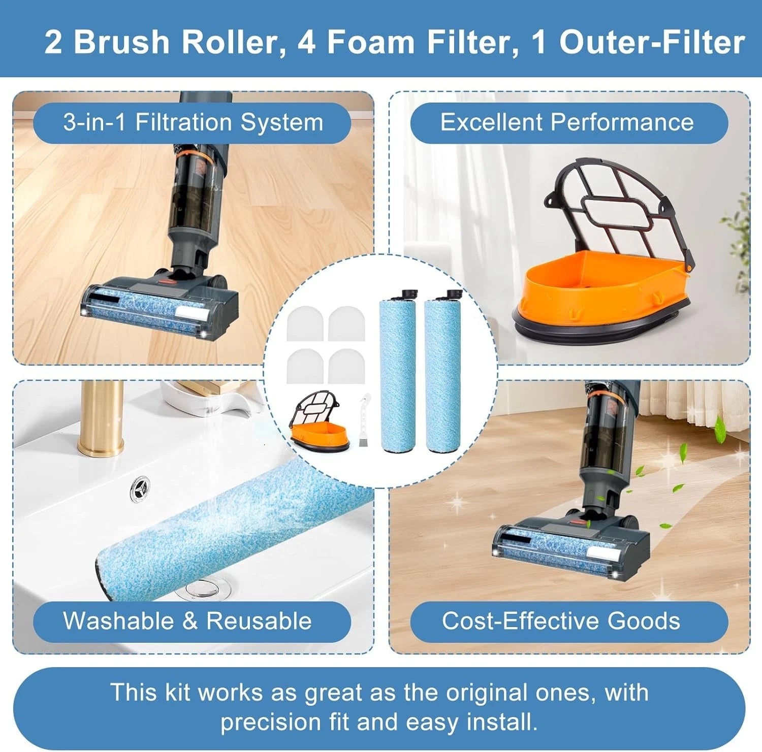 WD161 Replacement HEPA Filter and Brush Roll Set, includes 2 brush rolls 07FC0E-D4 - KOEEK