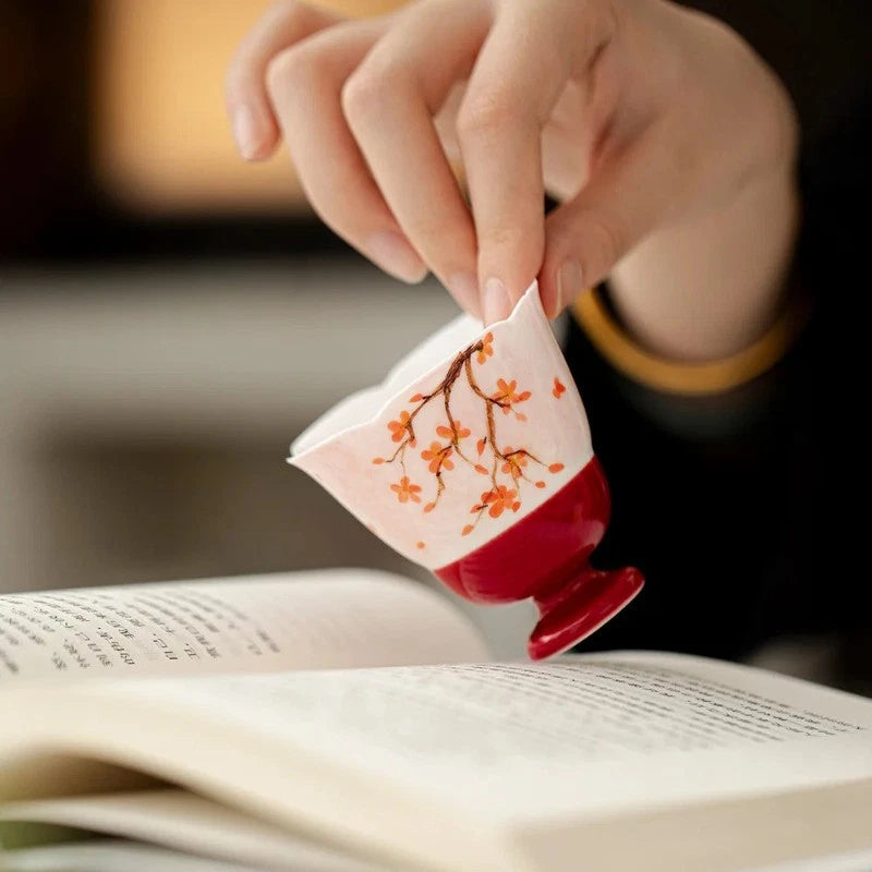 50ml High-foot Flower Mouth Master Cup Hand-painted Red Plum Kung Fu Tea Set 07FC0E-D4 - KOEEK