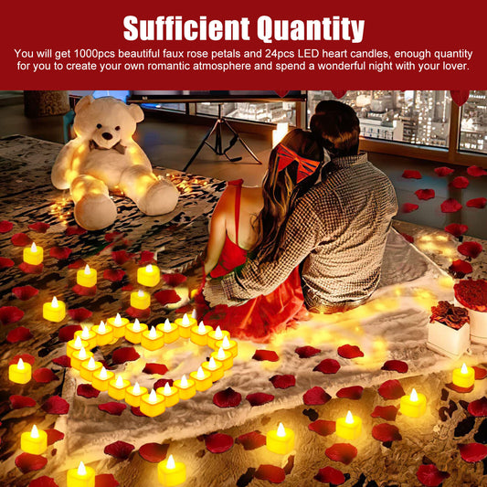 1000Pcs Artificial Rose Petals + 24Pcs LED Heart Light Candles Romantic Propose