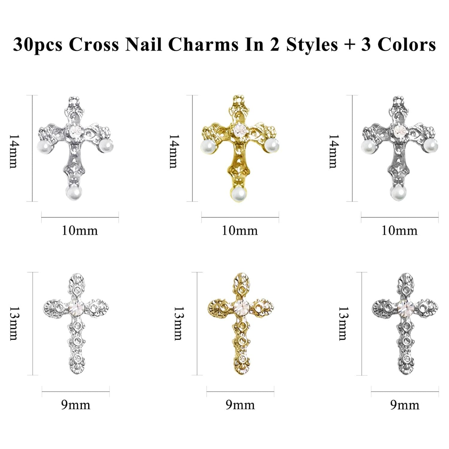 nye 3D Cross Nail Charms, 30 stk Cross Nail Decorations for Nail Art, Pearl Gems Diam