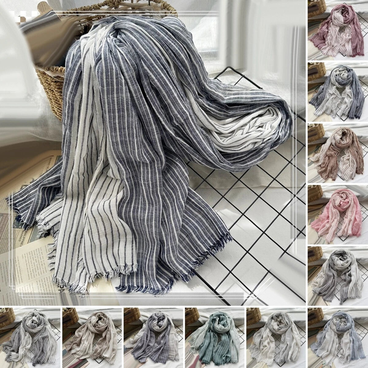 Cotton Linen Scarf Women Striped Shawls Headwaps Men's Scarf Muslim Head Scarves 07FC0E-D4 - KOEEK
