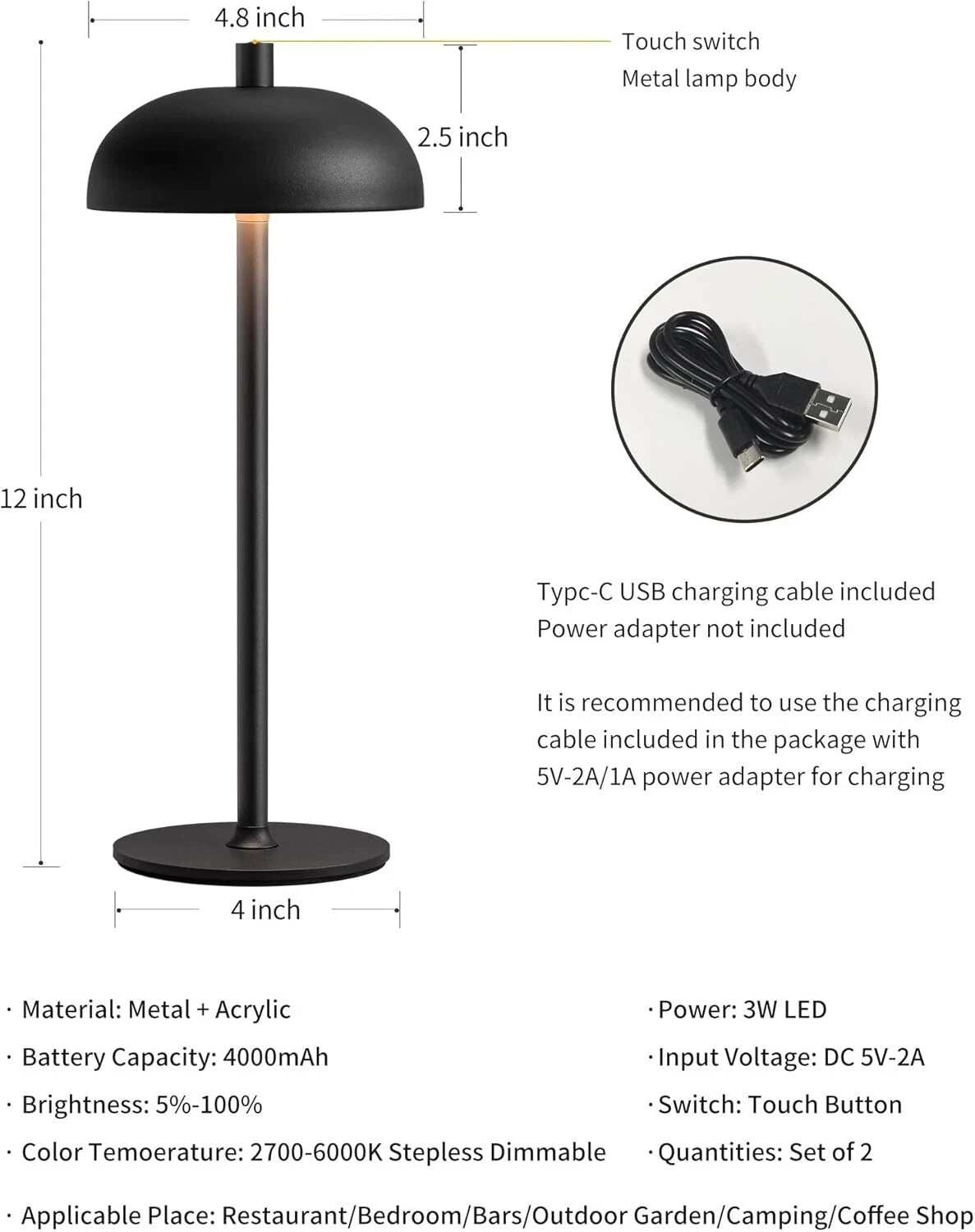 Cordless LED 12” Small Table Lamp (Set of 2), Modern Portable Table Lamps 07FC0E-D4 - KOEEK