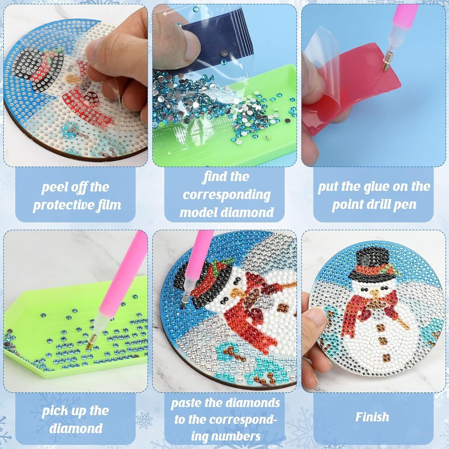 new 8 PCS Diamond Art Painting Coaster kit Christmas Winter Snowman 07FC0E-D4 - KOEEK