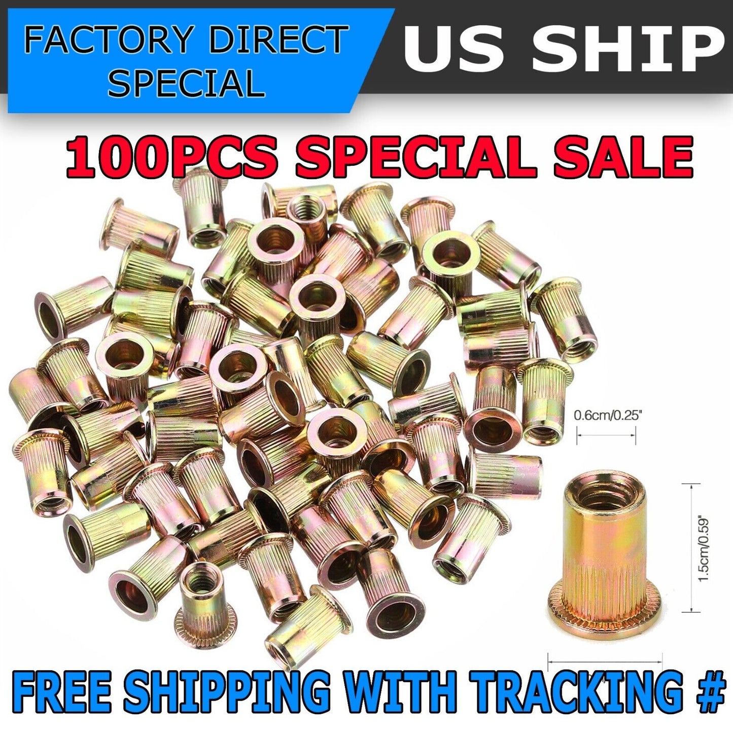 100 Pcs RIVET NUT Flat Head Threaded Insert 1/4-20 UNC Carbon Steel Nutsert SAE