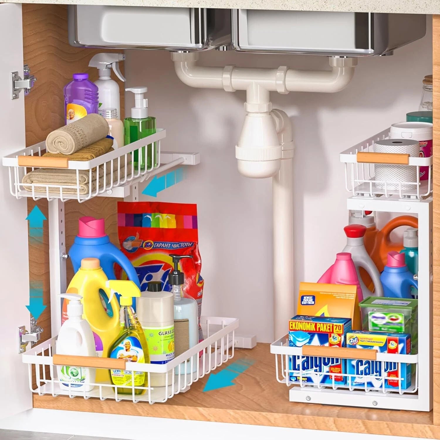 Under Sink Organizer Set of 2, 2 Tier Sliding Under Sink Organizer 07FC0E-D4 - KOEEK