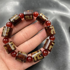 Tibetan Dzi Bead Bracelet Swastika Three Eye Agate Carnelian Unisex Prayer Beads 07FC0E-D4 - KOEEK