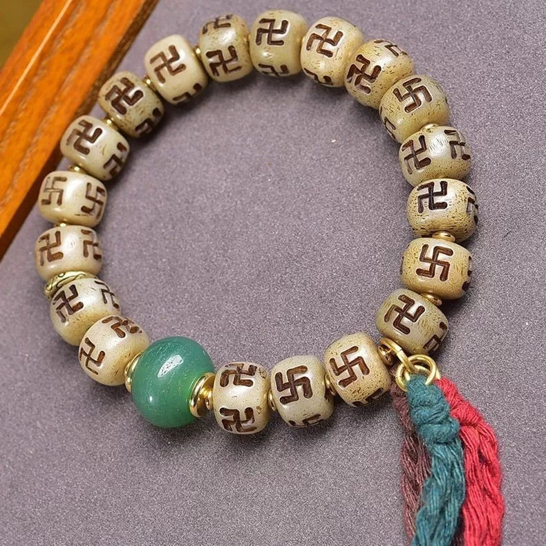 Tibetan Carved Auspicious Symbol Bead Bracelet Buddhist 12x8.4mm Unisex 07FC0E-D4 - KOEEK