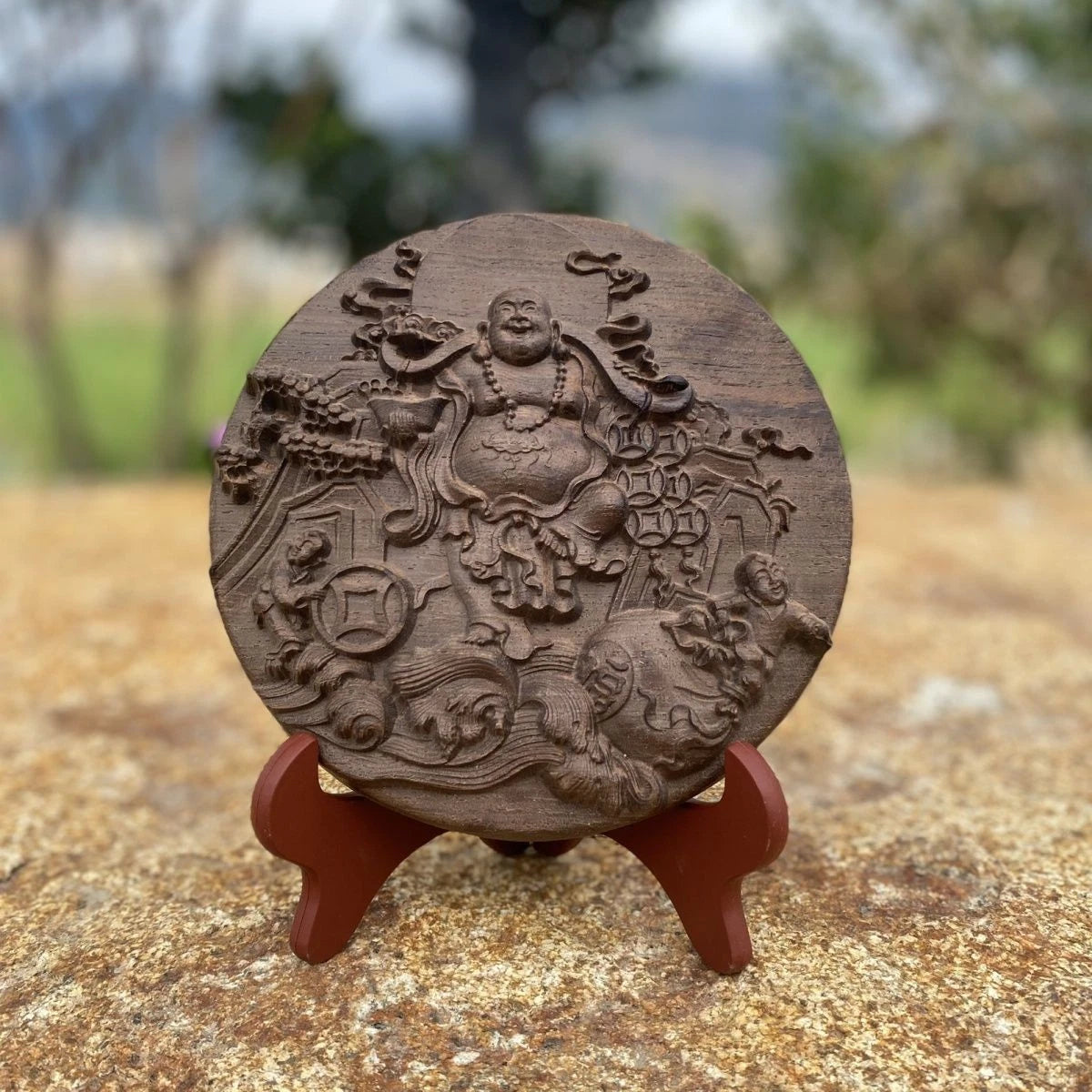 Agarwood Round Plaque Fu Lu Decor with Base 18cm 07FC0E-D4 - KOEEK