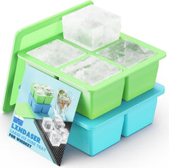 new 2 Pack Silicone Ice Cube Tray with Lid -Large 4.5*4.5*2.1in, Green，Blue 07FC0E-D4 - KOEEK