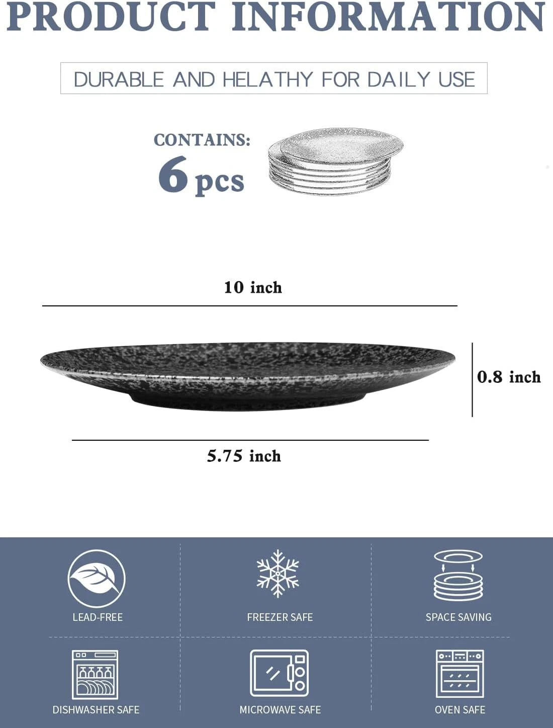 Ceramic Dinner Plates - Set of 6, 10-inch, Round Dinner Plates, Black Glaze 07FC0E-D4 - KOEEK