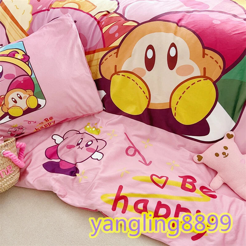 Anime Kirby Velvet Bed Sheet Pillowcase Quilt Cover Double Queen Bedding Set 4pc 07FC0E-D4 - KOEEK