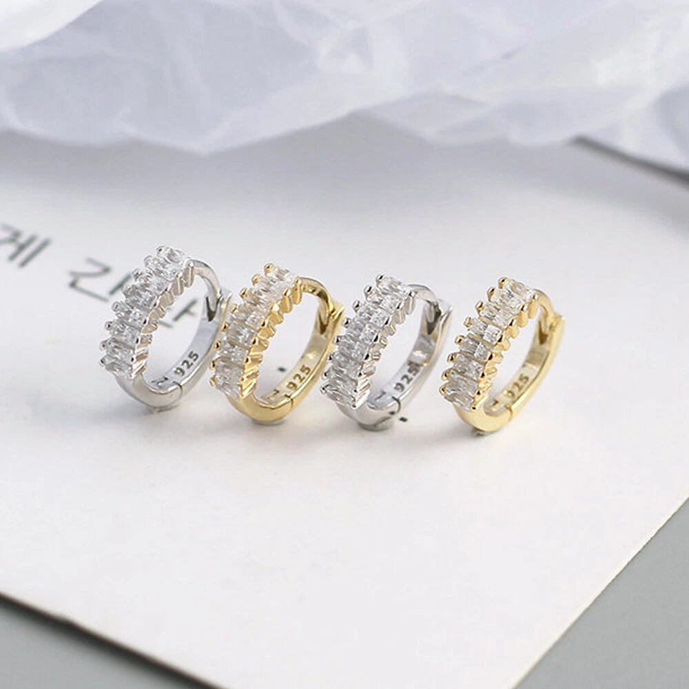 SMALL Sterling Silver Baguette CZ Zirconia Boho Huggie Hoop Earrings 07FC0E-D4 - KOEEK