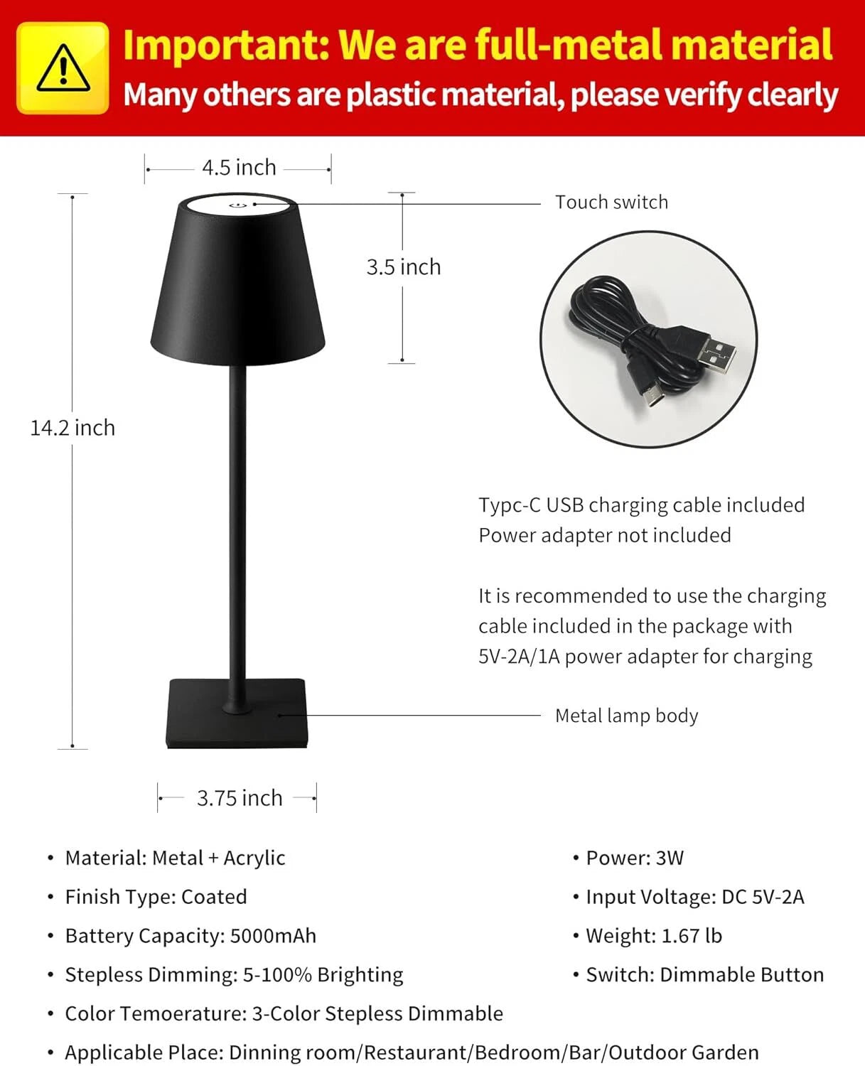 2 Pack Cordless Table Lamp,Portable LED Desk Lamp, 5000mAh Battery Operated 07FC0E-D4 - KOEEK