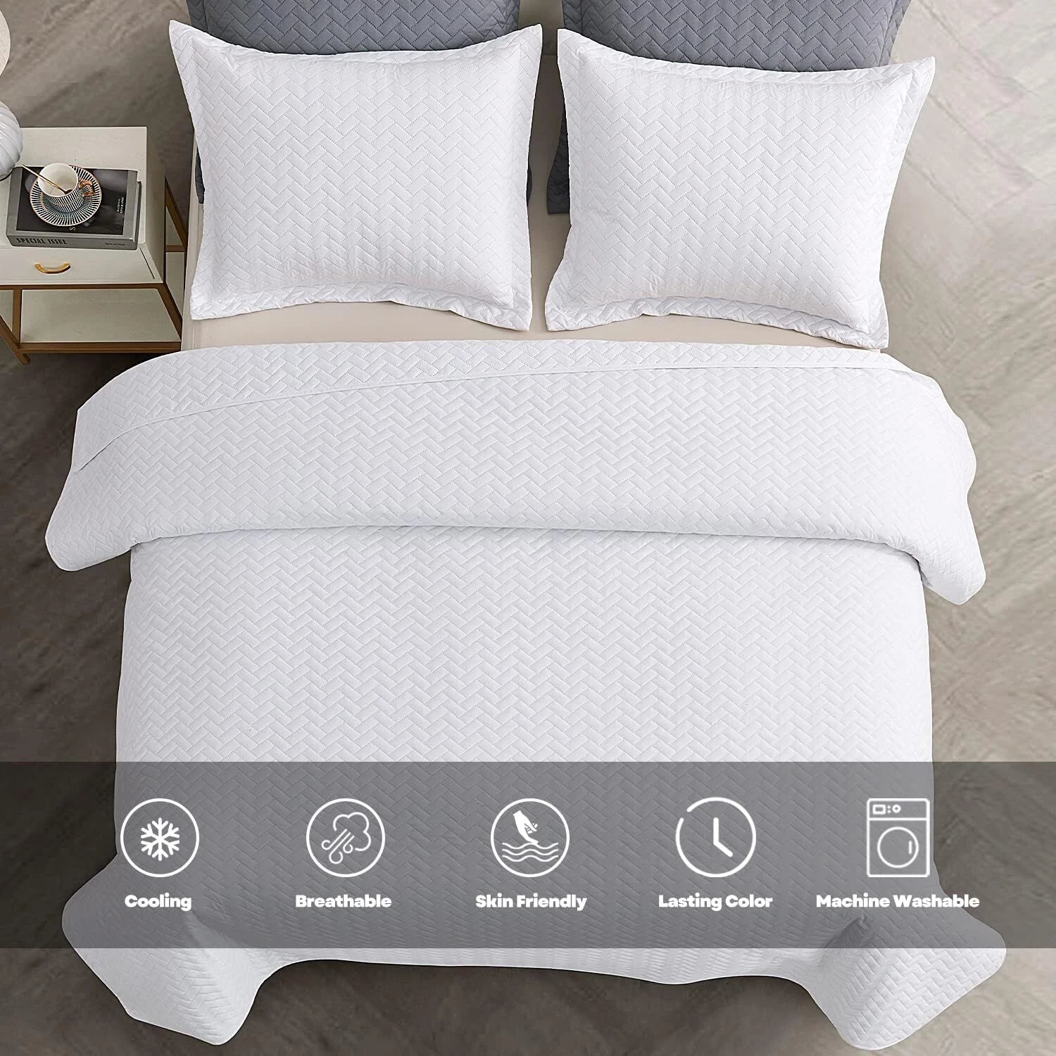 White Quilt Set King Size,Lightweight Bedspread Ultrasonic Chevron Pattern Light 07FC0E-D4 - KOEEK