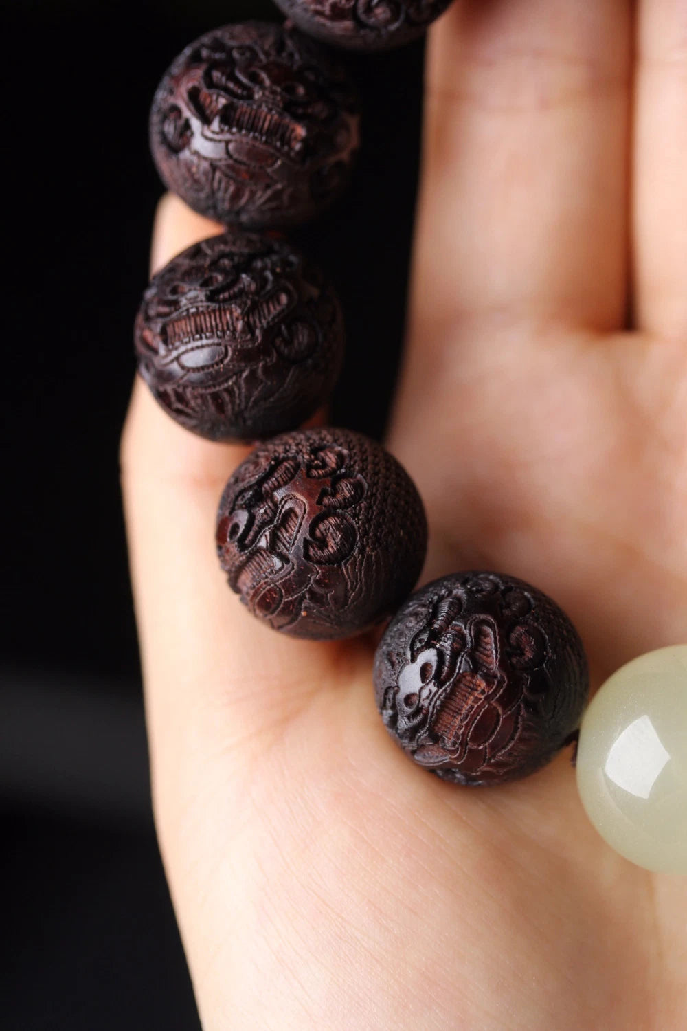 18mm Moonstone Pixiu Carved Beads Bracelet Rosewood Buddhist Prayer Jewelry 07FC0E-D4 - KOEEK