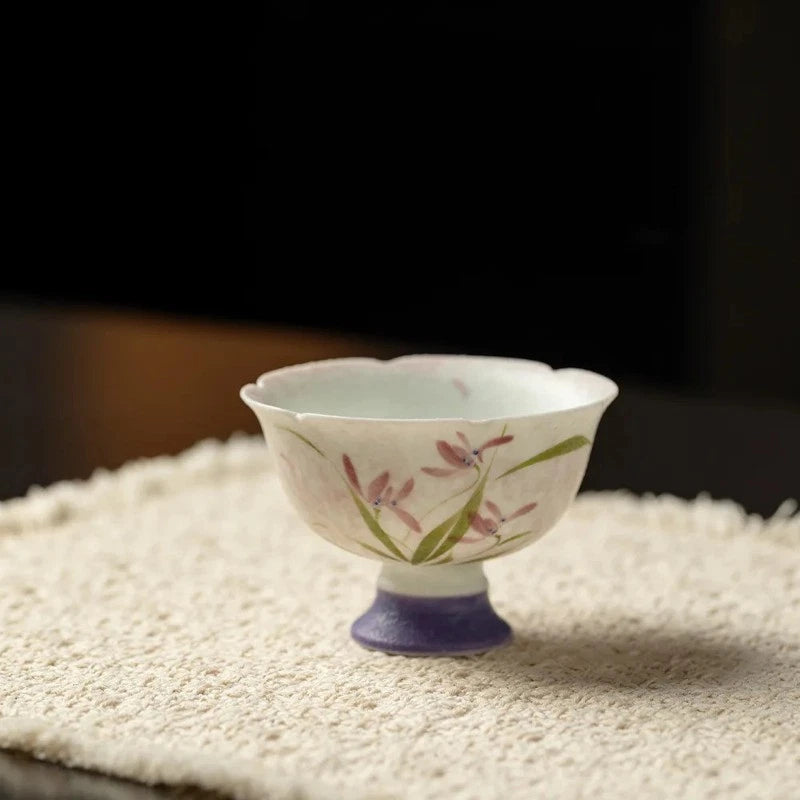 60ml Retro Ceramic Handpainted Orchid High Foot Cup Tea-tasting Cup Master Cup 07FC0E-D4 - KOEEK