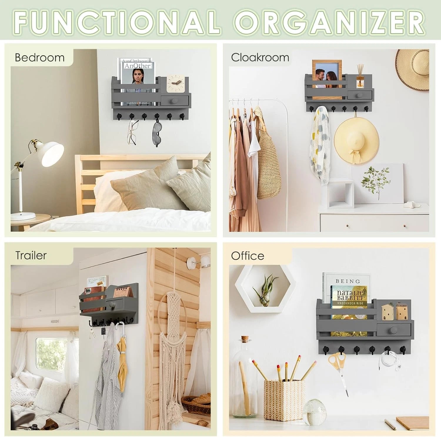 Wall-mounted key rack, wooden mail and key storage rack 07FC0E-D4 - KOEEK