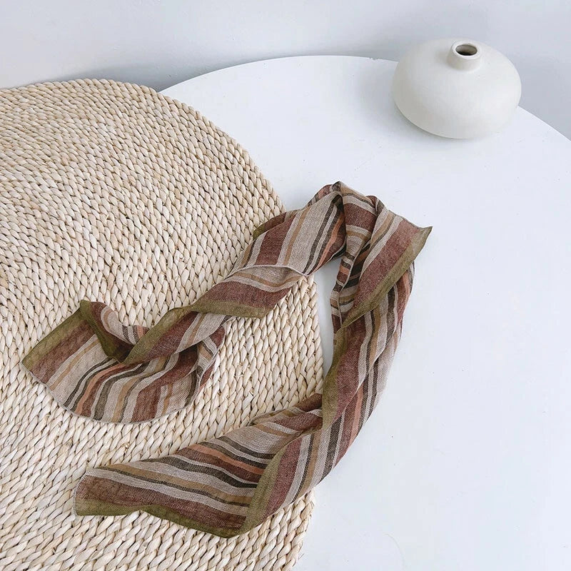 Womens  Flax Linen Brown Striped Bandana Neck Wrap Neckerchief Shawl Scarf 07FC0E-D4 - KOEEK