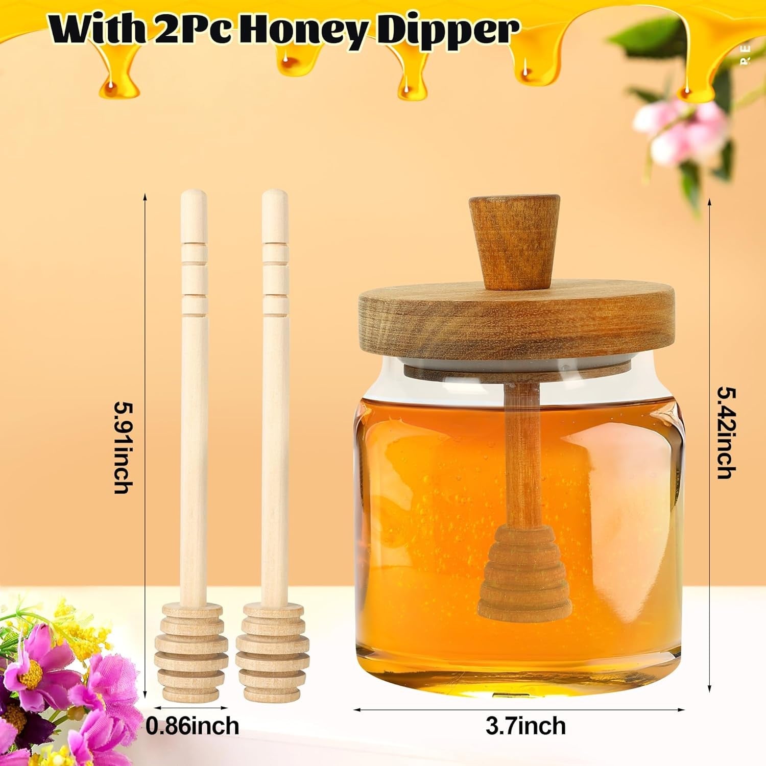 new Honey Pot with Dipper and Lid - 18oz Glass Jar Wooden Transparent