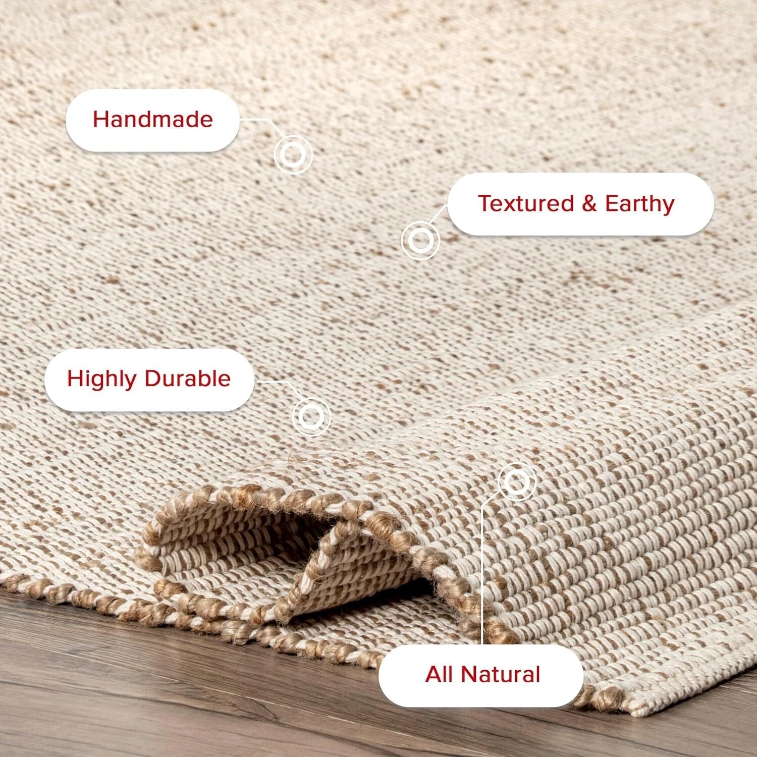 Jute and Cotton Hand-Woven Area Rug, Natural,Solid Color Rustic Farmhouse Style 07FC0E-D4 - KOEEK