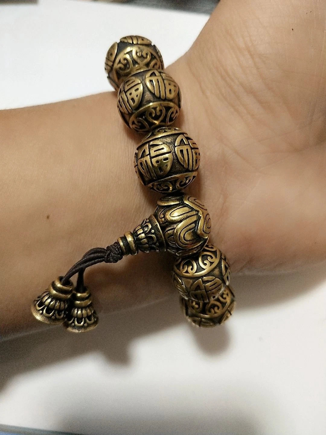 21mm Brass Vintage Fu Character Bracelet Men’s Hand Bead 07FC0E-D4 - KOEEK
