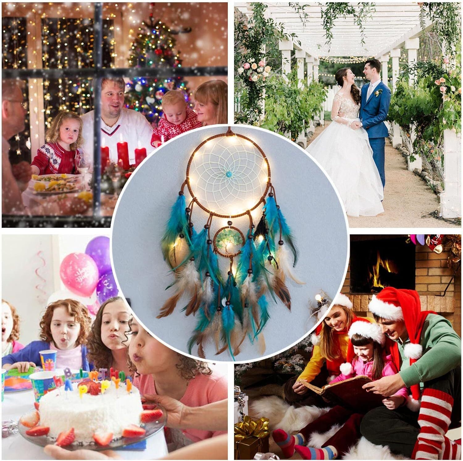 new Dream Catcher Blue Tree of Life with Feathers, Mobile LED Fairy Lights