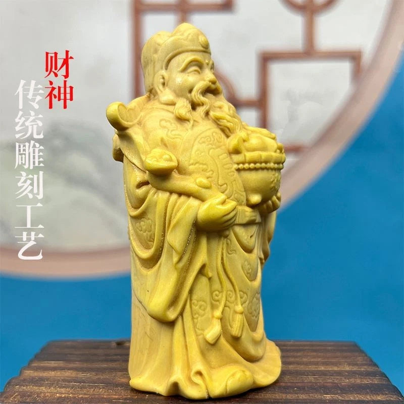 Boxwood Carved Wealth God Figurine Prosperity Home Office Desk Décor Hand Piece 07FC0E-D4 - KOEEK