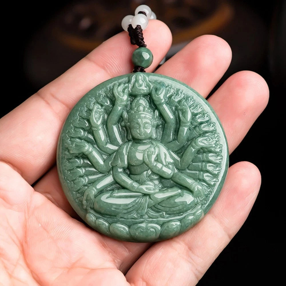 Guanyin Buddha Round Pendant Natural Grade A Jade Jadeite Green Thousand-handed 07FC0E-D4 - KOEEK