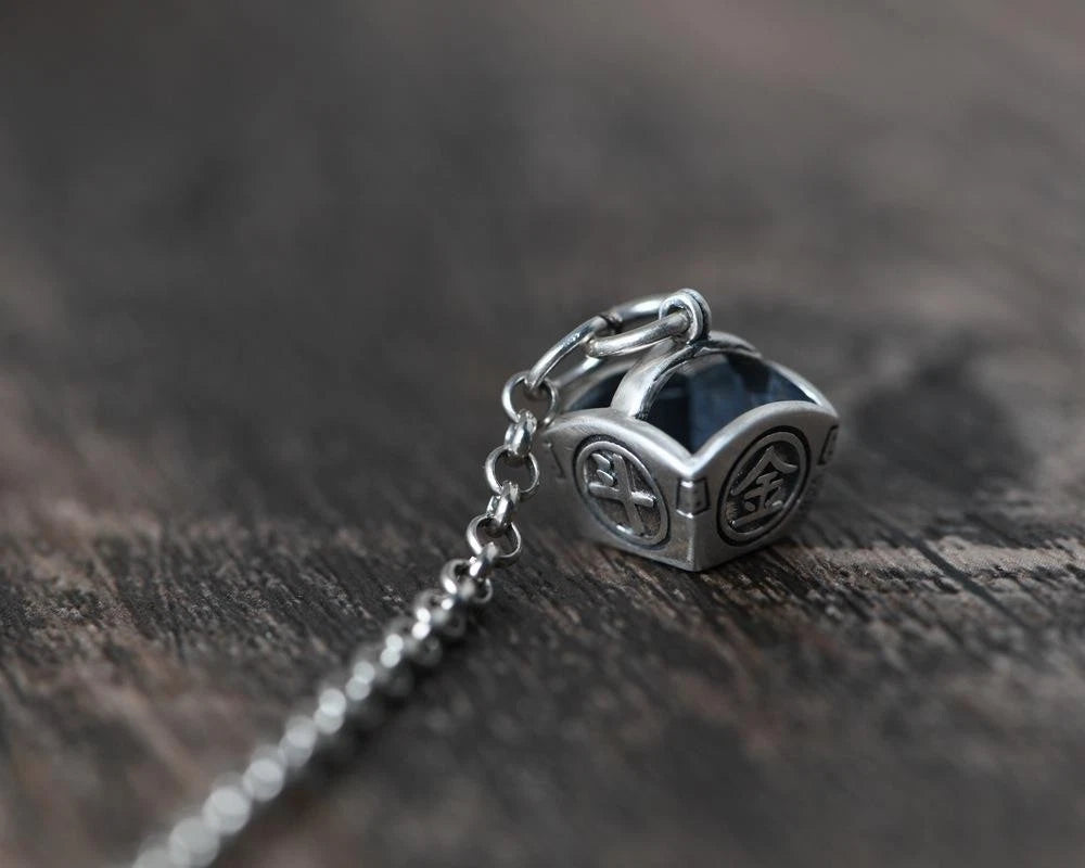 "Xi" Pendant Necklace Double Happiness Long Sweater Chain Silver Plated Vintage 07FC0E-D4 - KOEEK