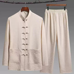 Chinese Traditional Clothing Kung Fu Buckle Shirt Oriental Retro Top Pants Set 07FC0E-D4 - KOEEK