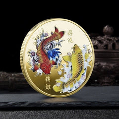 1Pc Feng Shui  Coin Commemorative Chinese Fish Good Luck Gold Medal Metal 07FC0E-D4 - KOEEK