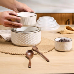Ceramic Nesting Bowl with Lid, Embossed, Food Storage Container, Kitchen Bowl 07FC0E-D4 - KOEEK