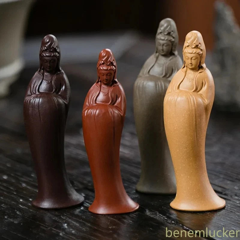10cm Chinese Yixing Purple Clay Handmade Guanyin Buddha Statue Tea Pet Ornament 07FC0E-D4 - KOEEK