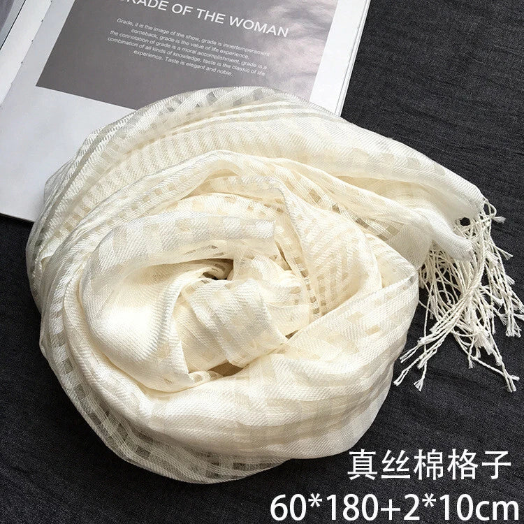 Womens Plaid Tasseled White Wool Silk Scarf Breathable Veil Shawl Scarves Stole 07FC0E-D4 - KOEEK