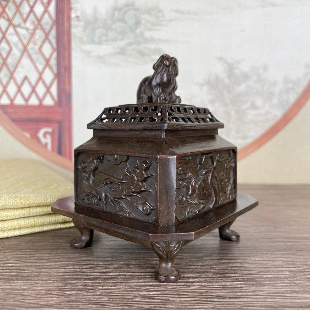 Chinese Style Four Beasts Incense Burner Set Bronze Tone With Lid Decor 07FC0E-D4 - KOEEK
