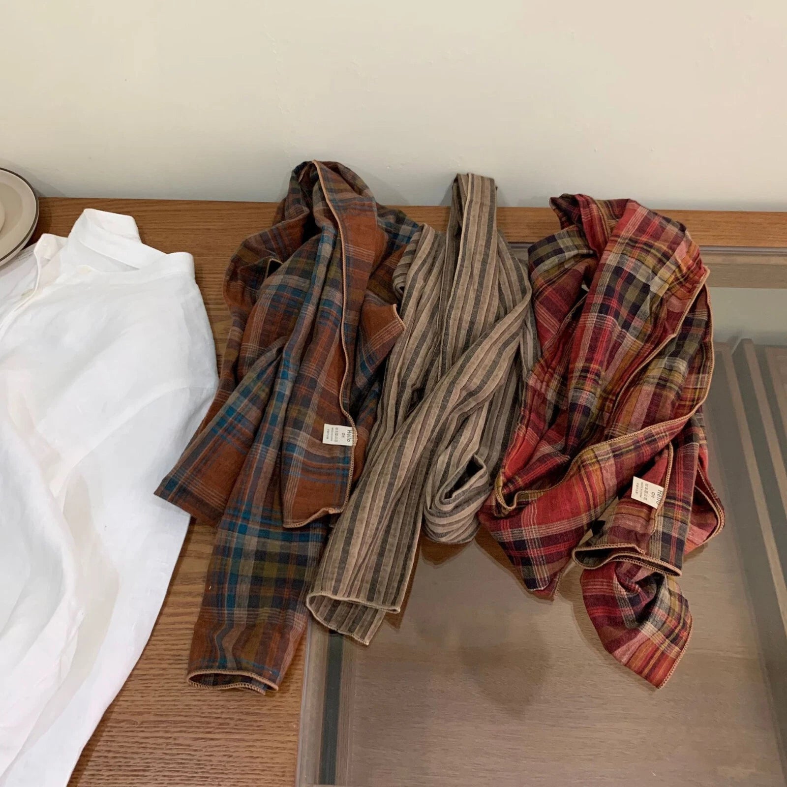 Mens  Cotton Plaid Striped Scarf Shawl Unisex Preppy Breathable Soft Scarves 07FC0E-D4 - KOEEK